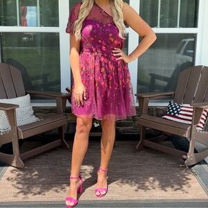One Shoulder Embroidered Floral Mini Dress in Berry (US Size 12)